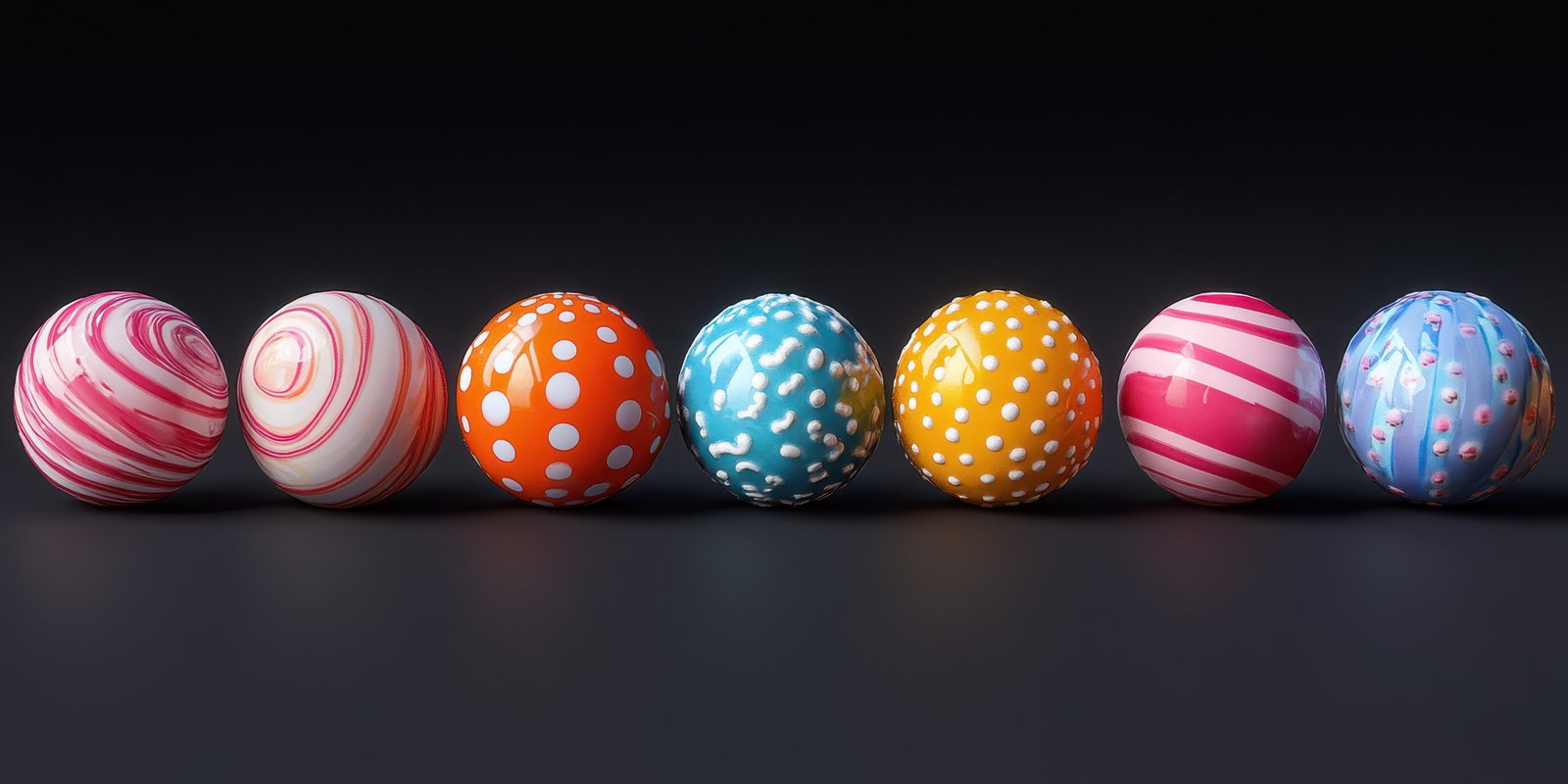 Colorful decorative balls arranged in a line, showcasing playful designs and vibrant colors